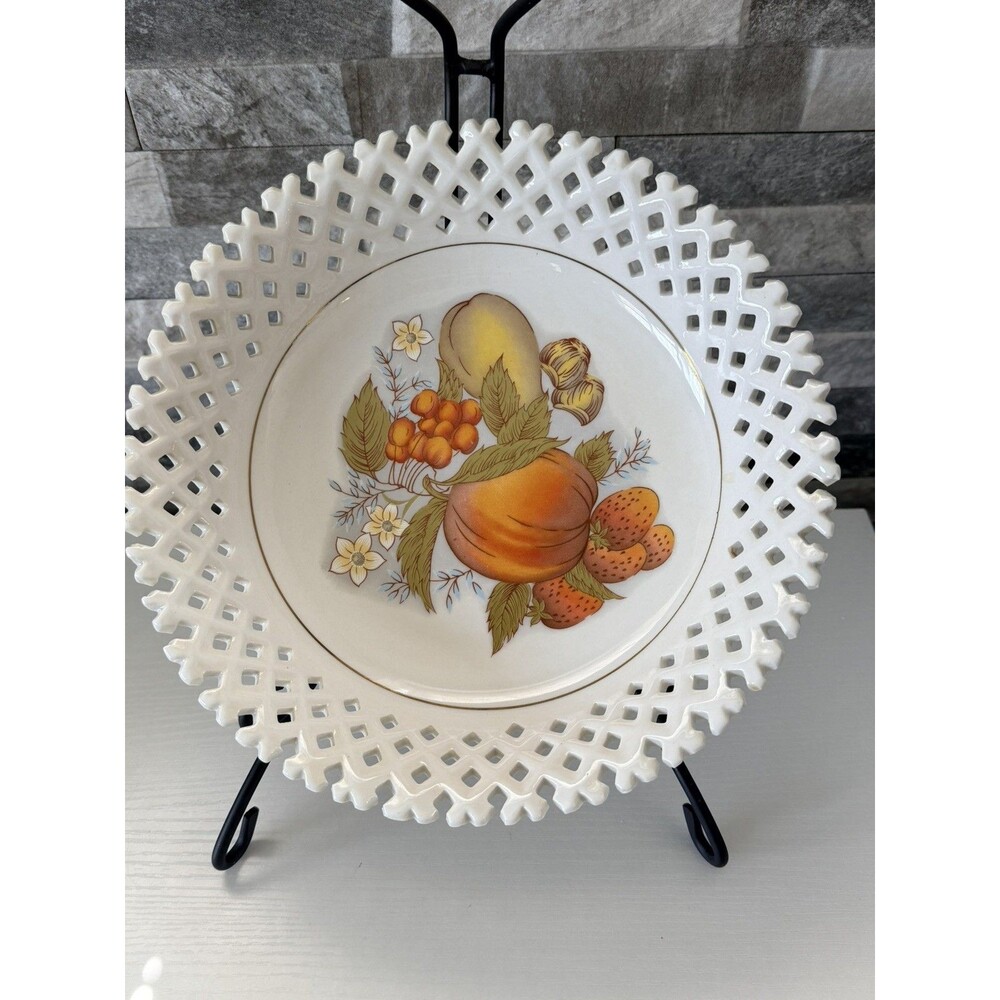 Vintage 10" Lattice Work Furnishing Porcelainwares Bowl Fall Fruit Design MCM